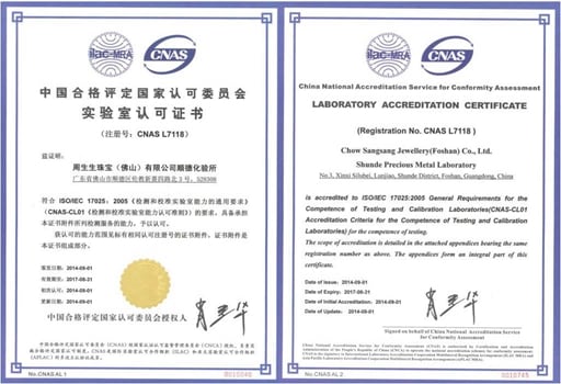 Chow Sang Sang Shunde Precious Metal Laboratory qualified as an accredited laboratory under the China National Accreditation Service for Conformity Assessment (CNAS)